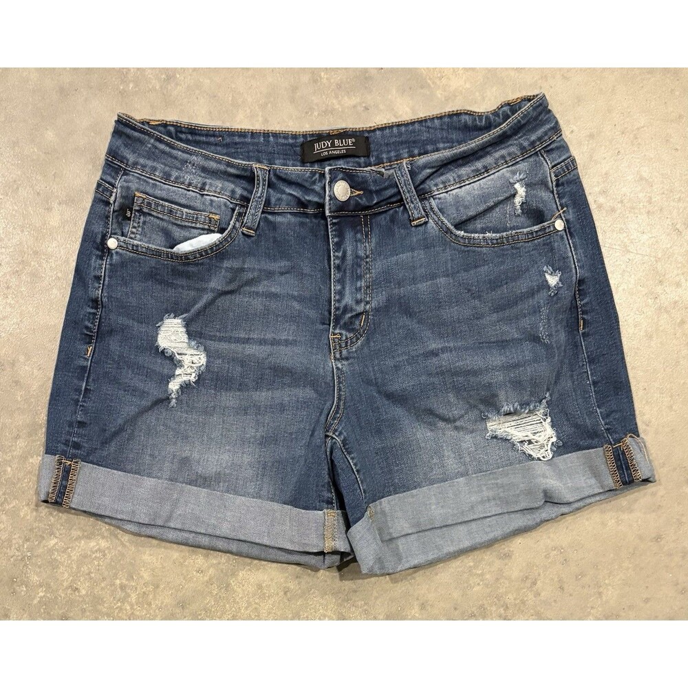 Judy Blue Mid Rise Cuffed Hem Denim Jean Shorts Women’s Large Stretch Distressed